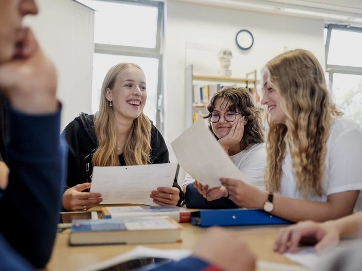 Eine Gruppe von Jugendlichen, die zusammen eine Aufgabe in der Schule bearbeiten.
